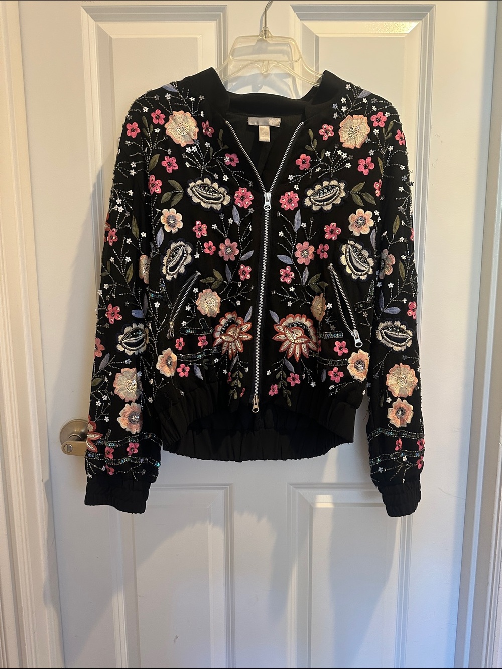 Aqua Black Bomber Jacket with Pink & Cream Floral Embroidery